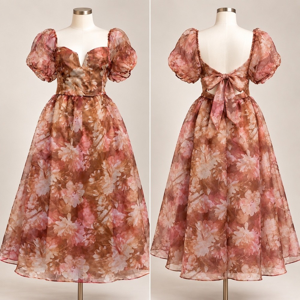 Lulus Floral Organza Maxi Dress XL Puff Sleeve Tie Back Romantic Cottagecore
